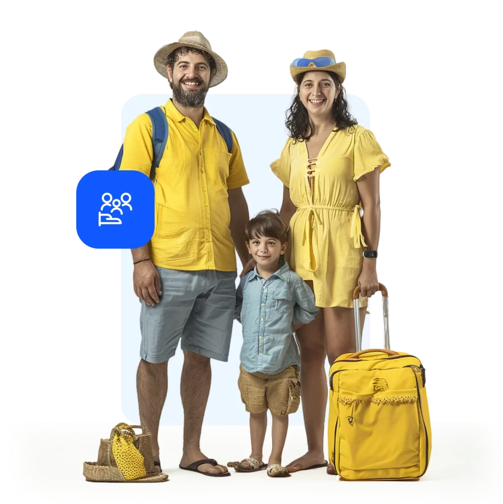 Familia assinante da digitour com malas indo viajar com desconto na hospedagem.